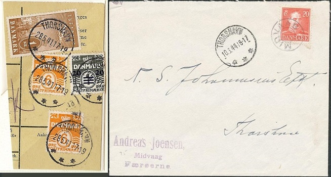 Parcel card from the Faroe Islands in 1941 during the World War II period of British occupation and an envelope posted in 1944