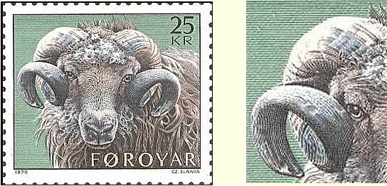 1979 ram stamp engraved by Czesław Słania, with detail of the horn