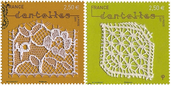 Two French stamps issued in 2011 made with real pieces of lace.