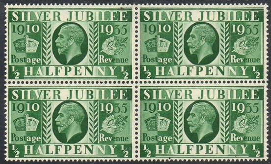 A block of 4 of the GB 1935 Silver Jubilee ½d stamp.