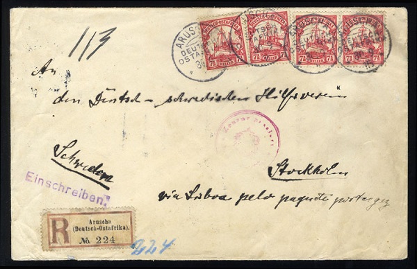 Registered envelope from Aruscha, German East Africa to Stockholm via Lisbon.