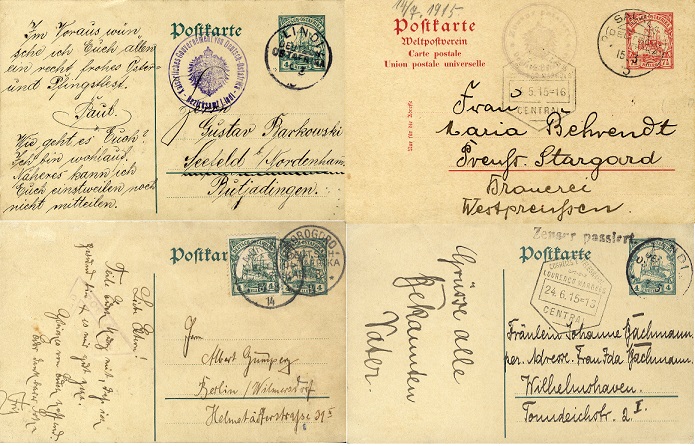 3 examples of Konigsberg blockade mail and (lower left) a card carried aboard HMS Pegasus.