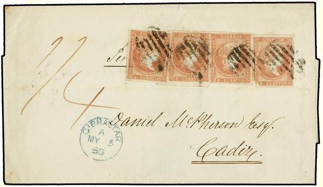 1858 letter from Gibraltar to Cadiz with 4 orange Spanish 4 cuartos stamps and 1/4 British manuscript rate.