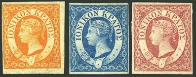 Ionian Islands stamps; the undenominated (½d) orange, (1d) blue and (2d) carmine