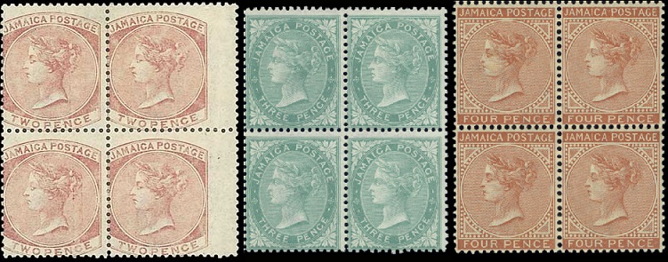 Blocks of Jamaica's 2d, 3d and 4d stamps.