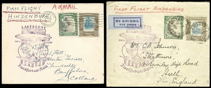 Covers posted from Jamaica to be carried on the first flight of the Hindenburg from North America to Europe.