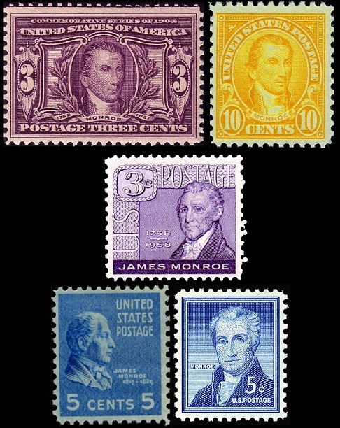 Five stamps from the USA featuring James Monroe, the fifth US President.