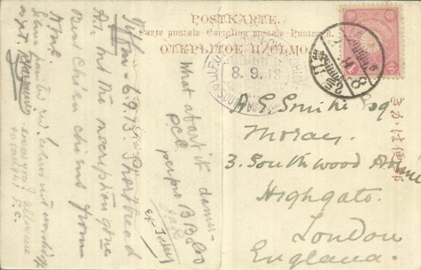A Japanese postcard to England, with a strike in purple of an oval railway mark *I.J.P.O. MUKDEN CHANGCHUN* SOUTH MANCHURIA 8.9.13.