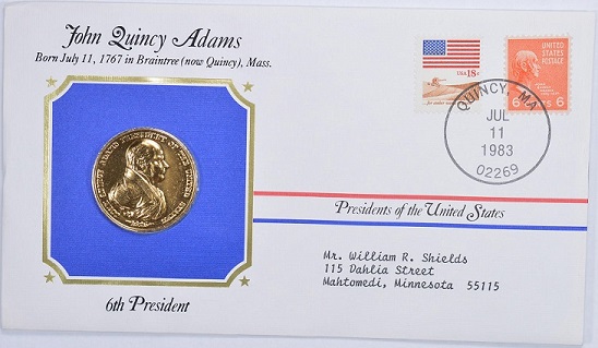 A commemorative cover, including the US 6 cents stamp issued in 1938, featuring John Quincy Adams.