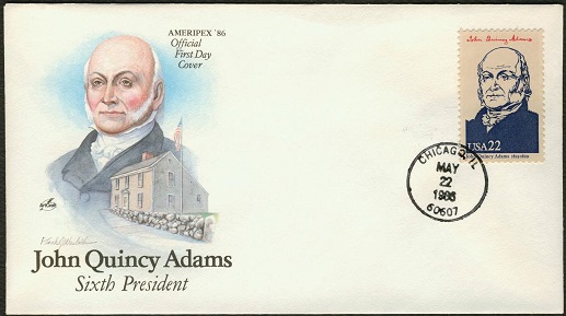 A first day cover of a stamp commemorating John Quincy Adams.