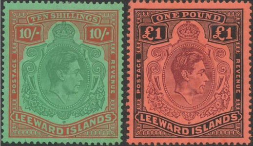 King George VI 10/- and £1 Leeward Islands stamps.