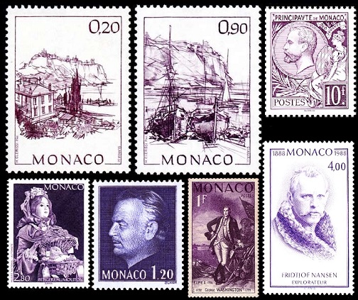 A selection of purple stamps from Monaco.