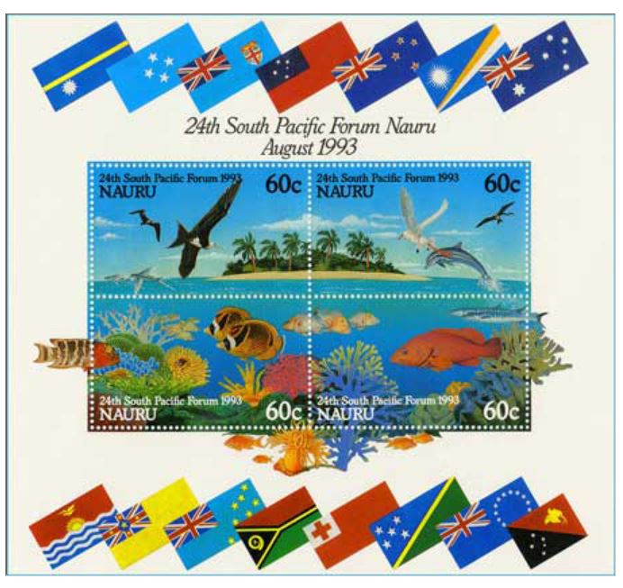 A miniature sheet of stamps from the Pacific island of Nauru.