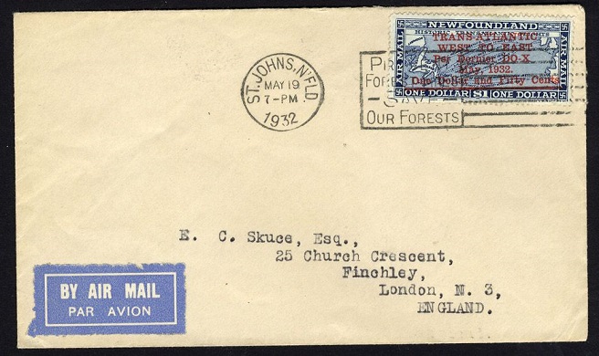 Newfoundland cover flown to London in the Dornier DOX in May 1932.