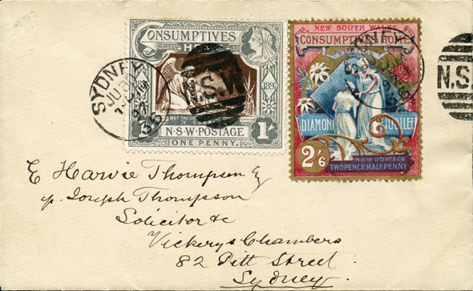 New South Wales Consumptives Home charity stamps on an envelope.