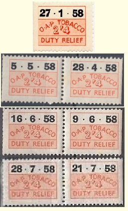 1958 2/4 O.A.P. Tobacco Duty Relief tokens