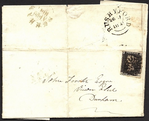 A Plate 5 Penny Black on a letter posted in April 1841.