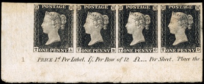 Bottom left corner of a sheet of Plate 1 Penny Blacks showing the plate number.