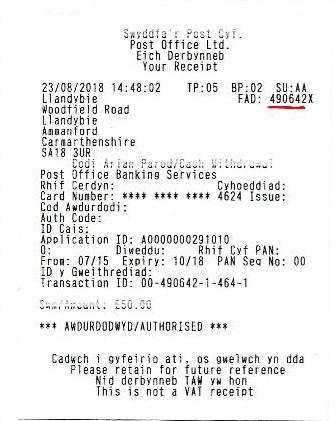 A Post Office receipt showing FAD 490642 from Area 642, within Region 6.