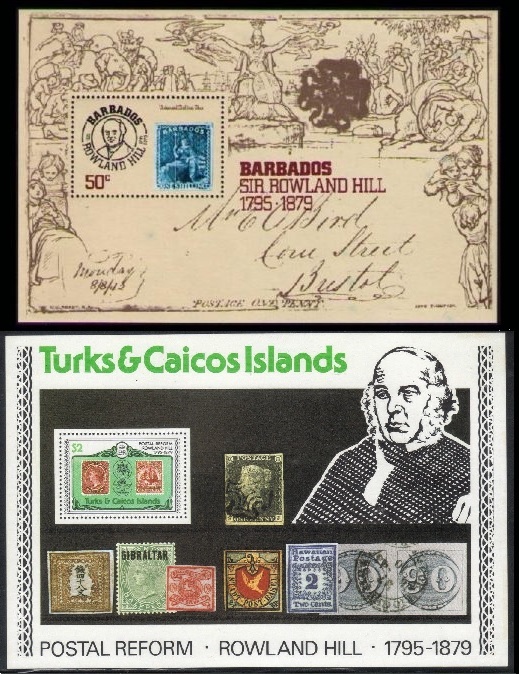Souvenir sheets for the centenary of the death of Sir Rowland Hill from Barbados and Turks & Caicos Islands.
