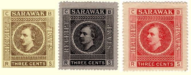 Sarawak 1875 3c Receipt stamps and imperforate plate proof in grey-brown on thin card.