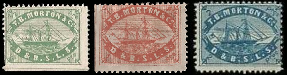 T.B. Morton & Co. was a British company established in Constantinople in 1855 to carry mail from Constantinople to Romanian and Black Sea ports. The design of the 3 stamps in their second issue of 1870 features a steamer flying the Red Ensign with D. & B.S.L.S. below for the Danube and Black Sea Line of Steamers. The 3 values and their usage are ½ piastre green for newspapers, 1 piastre red for books, and 2 piastre blue for letters.