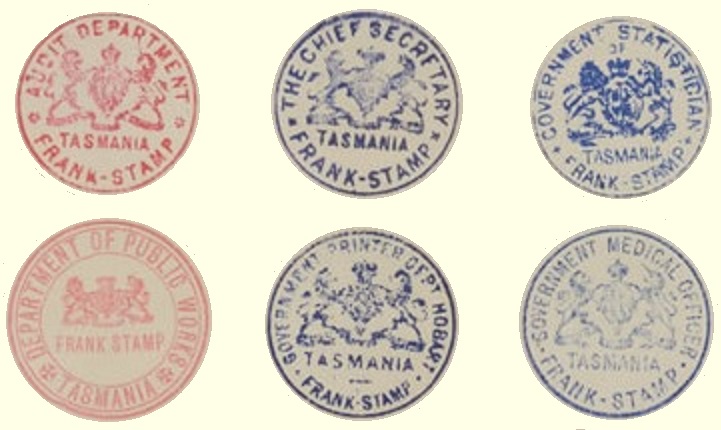 Tasmania Frank Stamps for the Audit Department, The Chief Secretary, Government Statistician, Department of Public Works, Government Printer Department Hobart, and Government Medical Officer.