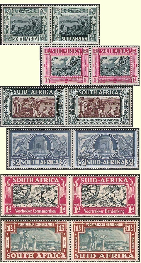 The two sets of Voortrekkers' stamps issued in 1938.