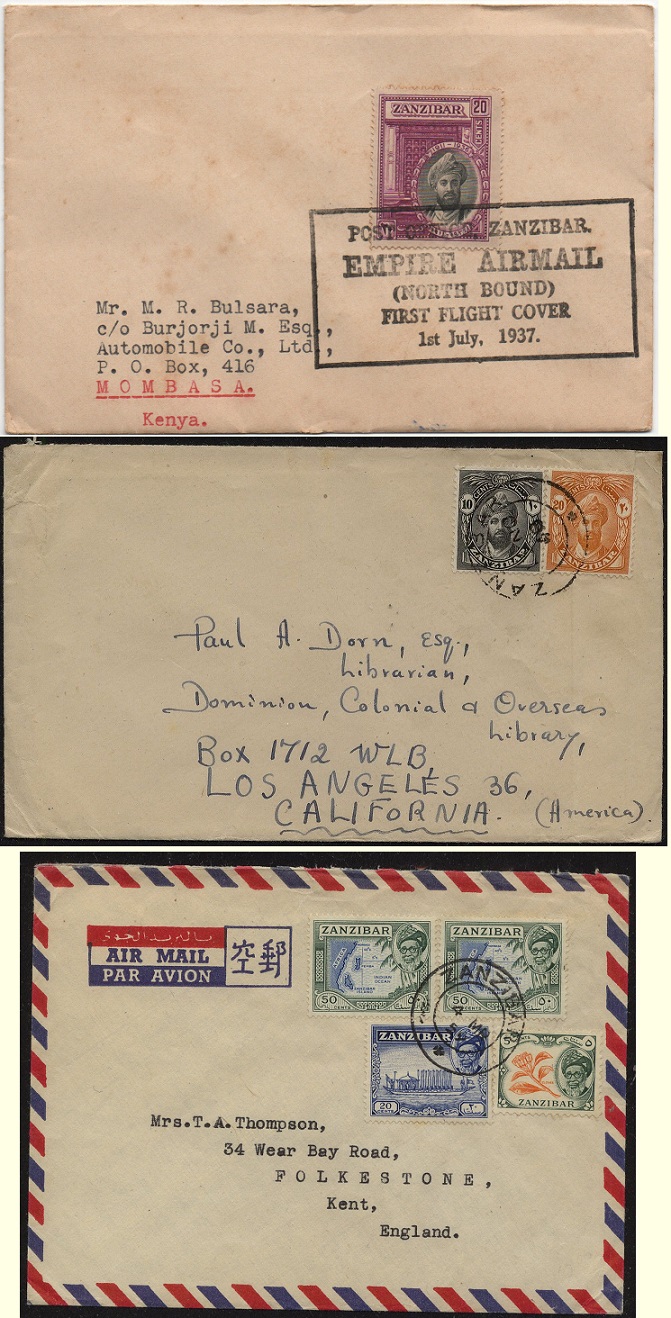 Examples of Zanzibar airmail covers (1937, 1948 and 1959).