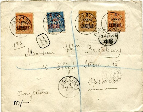 A registered envelope to Ipswich, from the French Post Office in Zanzibar, 1898