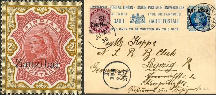 An Indian stamp overprinted for use in Zanzibar (shown enlarged) and an uprated British India card overprinted for use in Zanzibar